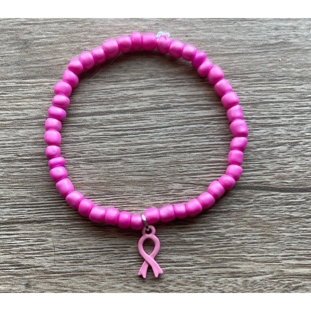 Breast Cancer Awareness Seed Bead Bracelet with Ribbon Charm